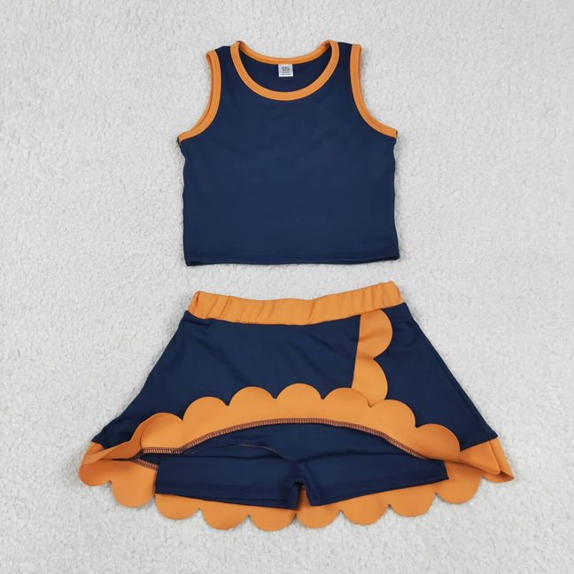 GSD2136 Kids Baby Girls Sleeveless Navy Vest Scallop Skirt Short Yoga Active Clothes Set