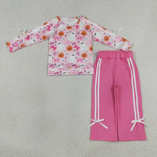GLP3356 Kids Clothing Baby Girls Ghost Pumpkins Top Pockets Flare Pant Halloween Clothes Sets