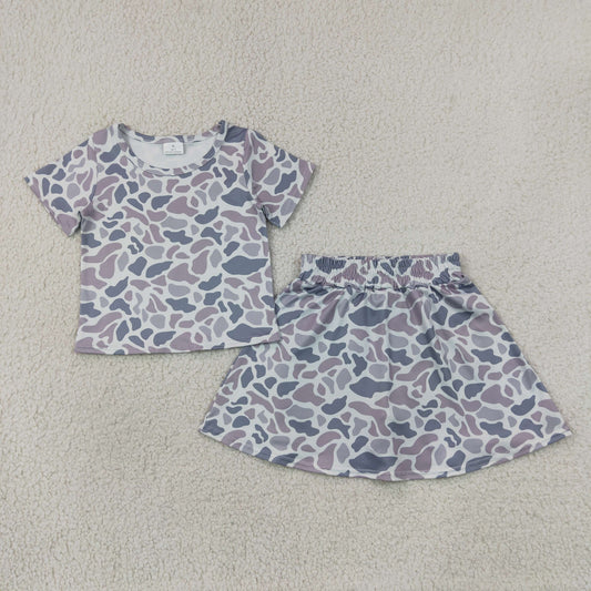 GSD2724 Kids Baby Girls Short Sleeves Gray Camo Top Skirts Shorts Clothes Set