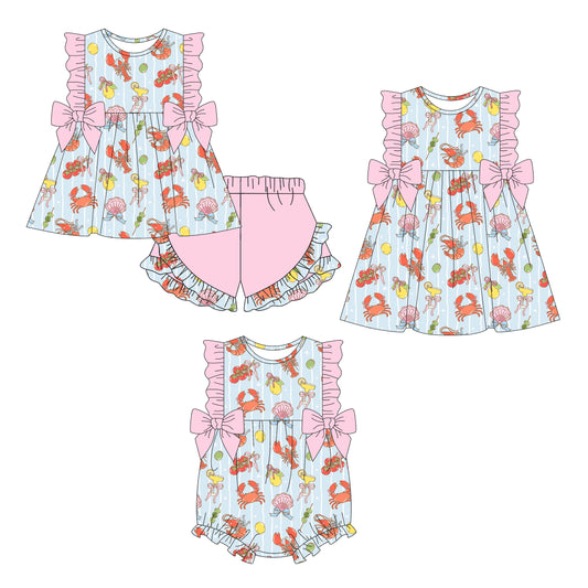 26.1.3 Custom MOQ:3 or 5 pcs each design milk silk Sibling baby girl clothes lobster bow short sleeve shorts sets and dress and romper