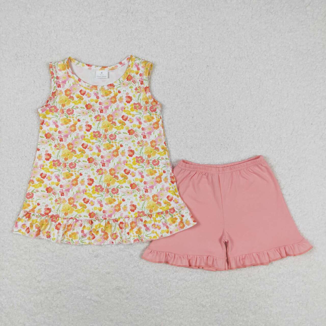 GSSO1135 Yellow and orange flowers sleeveless pink shorts set