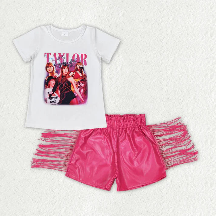 GT0604+SS0223 Baby Girls Singer White Shirts Tops Leather Pink Tassel Shorts Clothes Sets