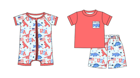 26.1.10 Custom MOQ:3 or 5 pcs each design milk silk Sibling baby boy clothes USA dinosaur short sleeve shorts sets and romper