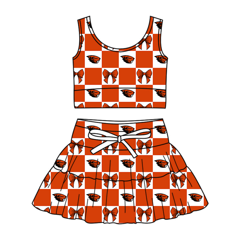 1.28 Custom Moq 3 Baby Girl Summer Oregon State Beavers Bow Plaid Vests Top Skirt Short Team Clothes Sets