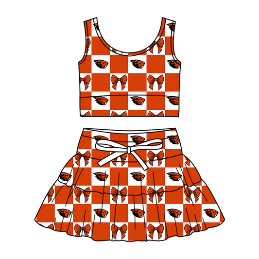 1.28 Custom Moq 3 Baby Girl Summer Oregon State Beavers Bow Plaid Vests Top Skirt Short Team Clothes Sets