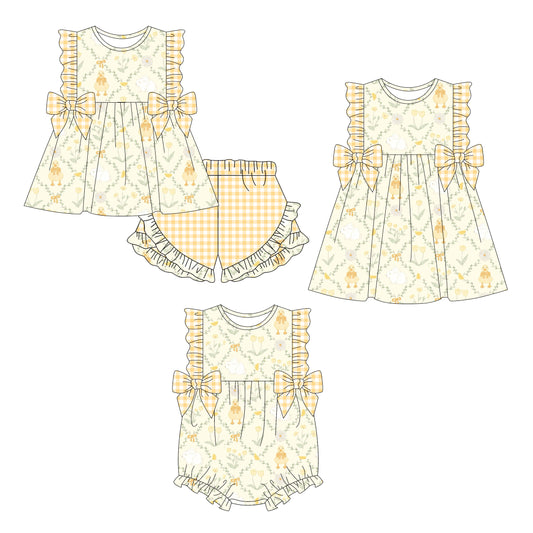 26.1.5 Custom MOQ:3 or 5 pcs each design milk silk Sibling baby girl clothes bow floral short sleeve shorts sets and dress and romper