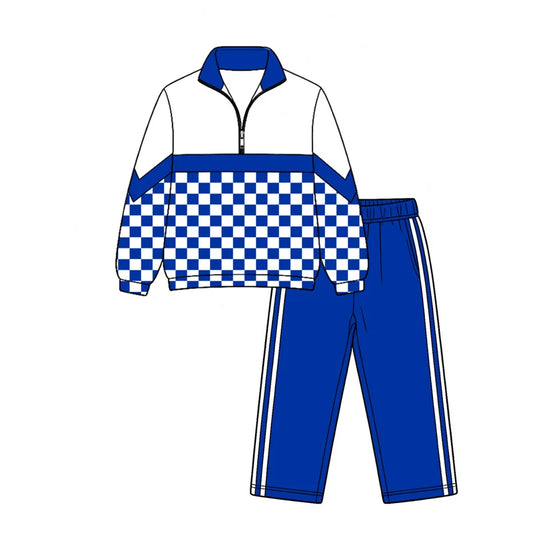 7.25 design Baby Boys Hot Blue Checked Zip Pullover Top Pant Team Clothes Sets