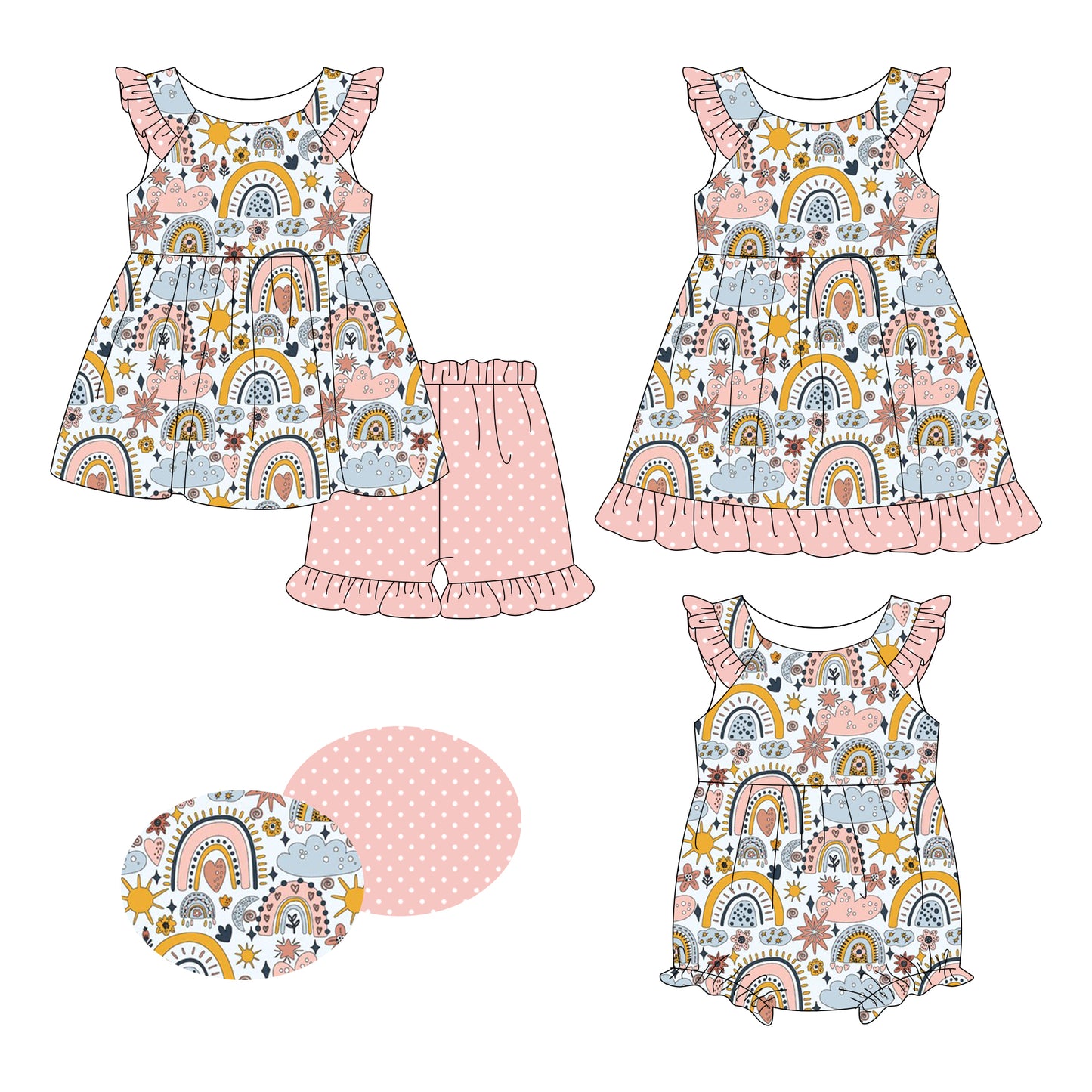 26.1.8 Custom MOQ:3 or 5 pcs each design milk silk Sibling baby girl clothes rainbow short sleeve shorts sets and dress and romper