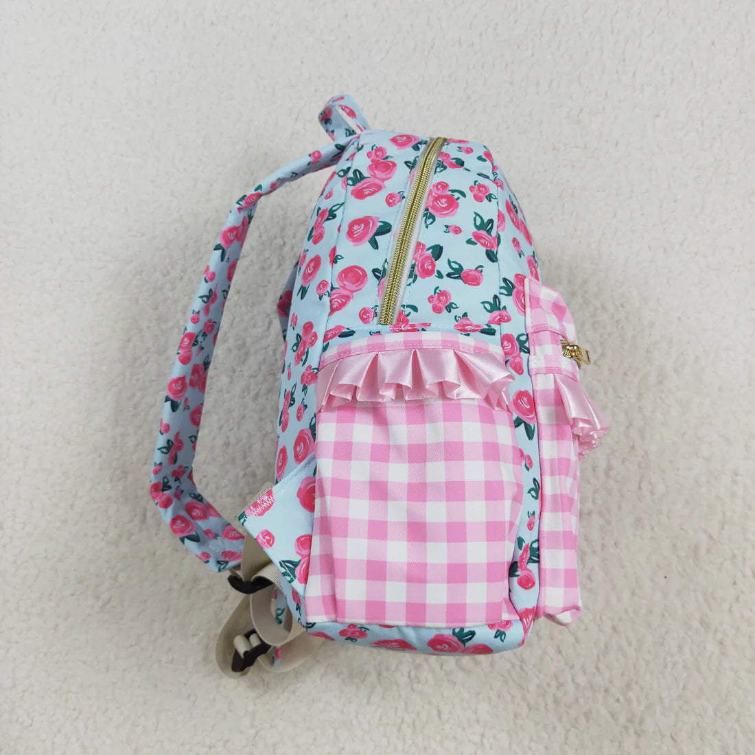 BA0217 Floral pink plaid blue backpack