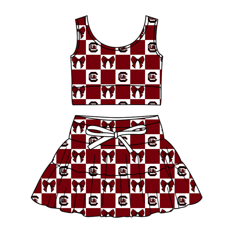 Custom Milk Silk Order MOQ:3 or 5 pcs Each Design Team State Girl Summer Bow Dark red Sleeveless Skirts Sets-26.1.20
