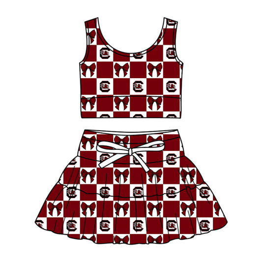 Custom Milk Silk Order MOQ:3 or 5 pcs Each Design Team State Girl Summer Bow Dark red Sleeveless Skirts Sets-26.1.20