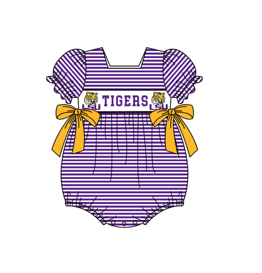 1.30 Custom Order Moq 3 Baby Infant Girl LSU Tigers Team Bows Ruffle Rompers