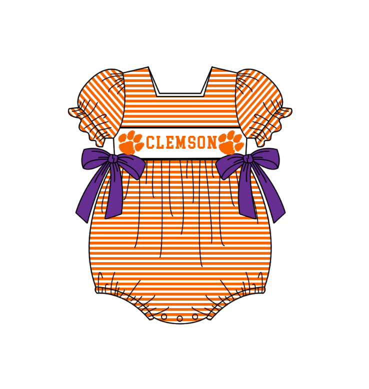 1.31 Custom Order Moq 3 Baby Infant Girl Clemson Orange Team Bows Ruffle Rompers