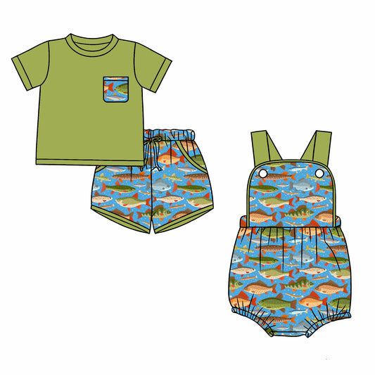 26.1.1 Custom MOQ:3 or 5 pcs each design milk silk Sibling baby boy clothes fish short sleeve shorts sets and romper