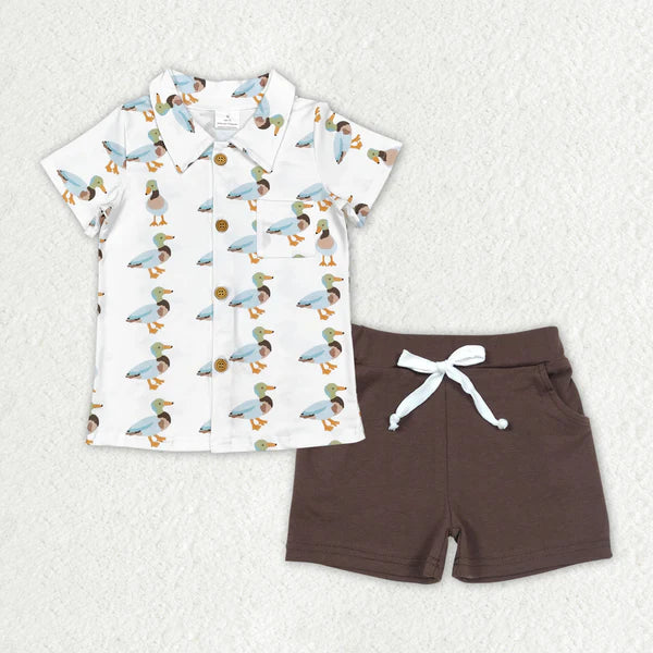 BT0738+SS0134 Baby Boys Ducks Mallard Buttons Shirts Shorts Clothes Set