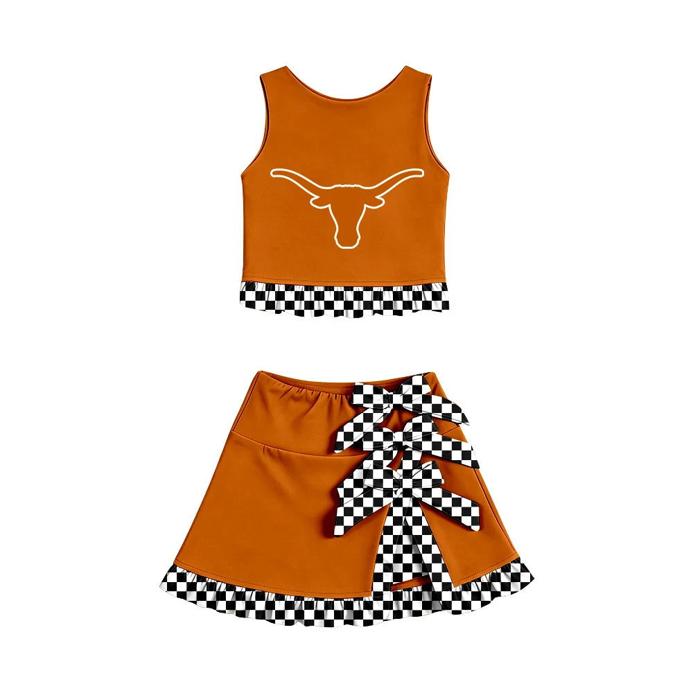 Custom Order Baby Girls Longhorns Vest Top Bows Skirt Short Team Clothes Sets