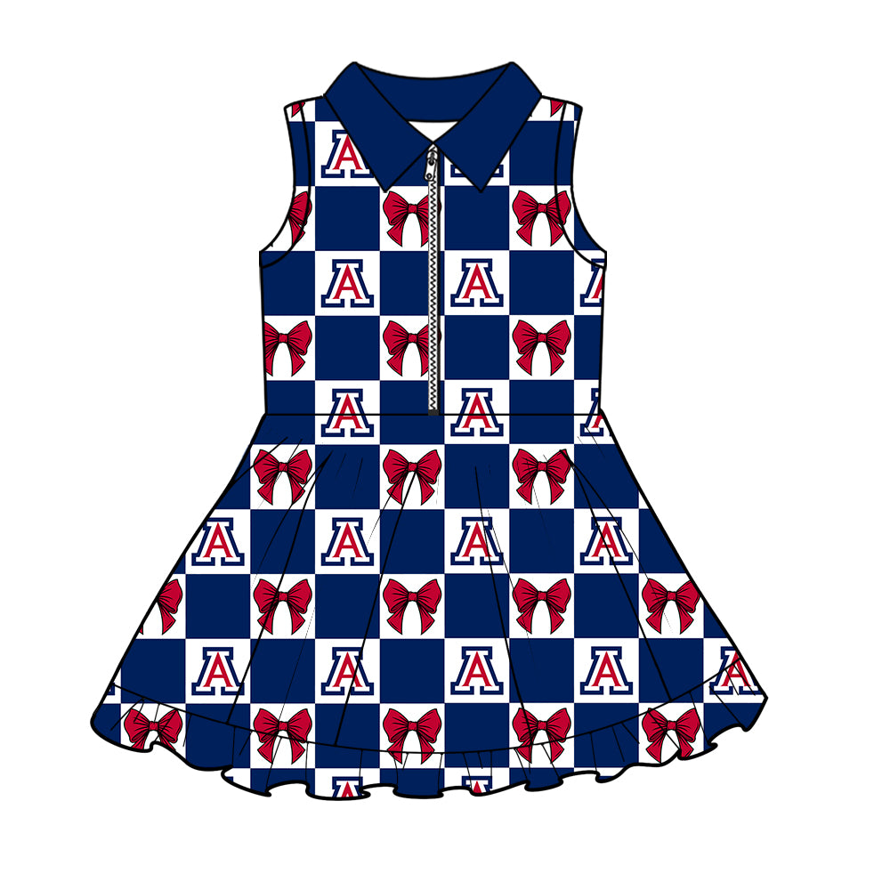 Custom MOQ 3 or 5 pcs Team Design Girl Summer Navy Bows Plaid Sleeveless Dress