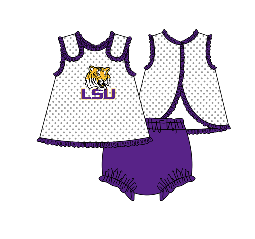 2.2 Custom Order Moq 3 Baby Girl Sleeveless LSU Polka Dots Tunic Bummies Team Clothes Sets