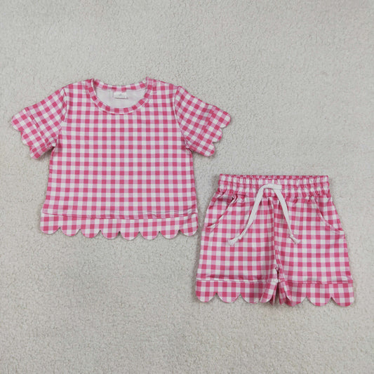 GSSO3186 Kids Baby Girl Short Sleeve Pink Checked Top Scallop Pockets Shorts Clothes Set