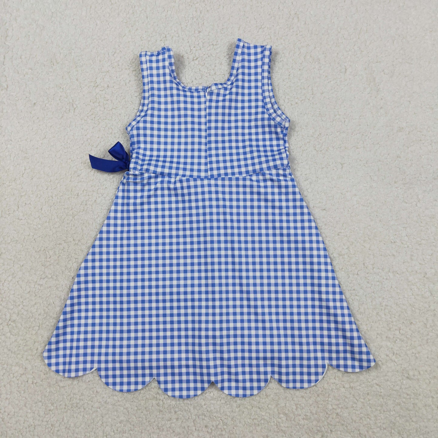 GSD3427 Kids Baby Girls Blue Checked Yoga Active Scallop Shorts Knee Length Dresses