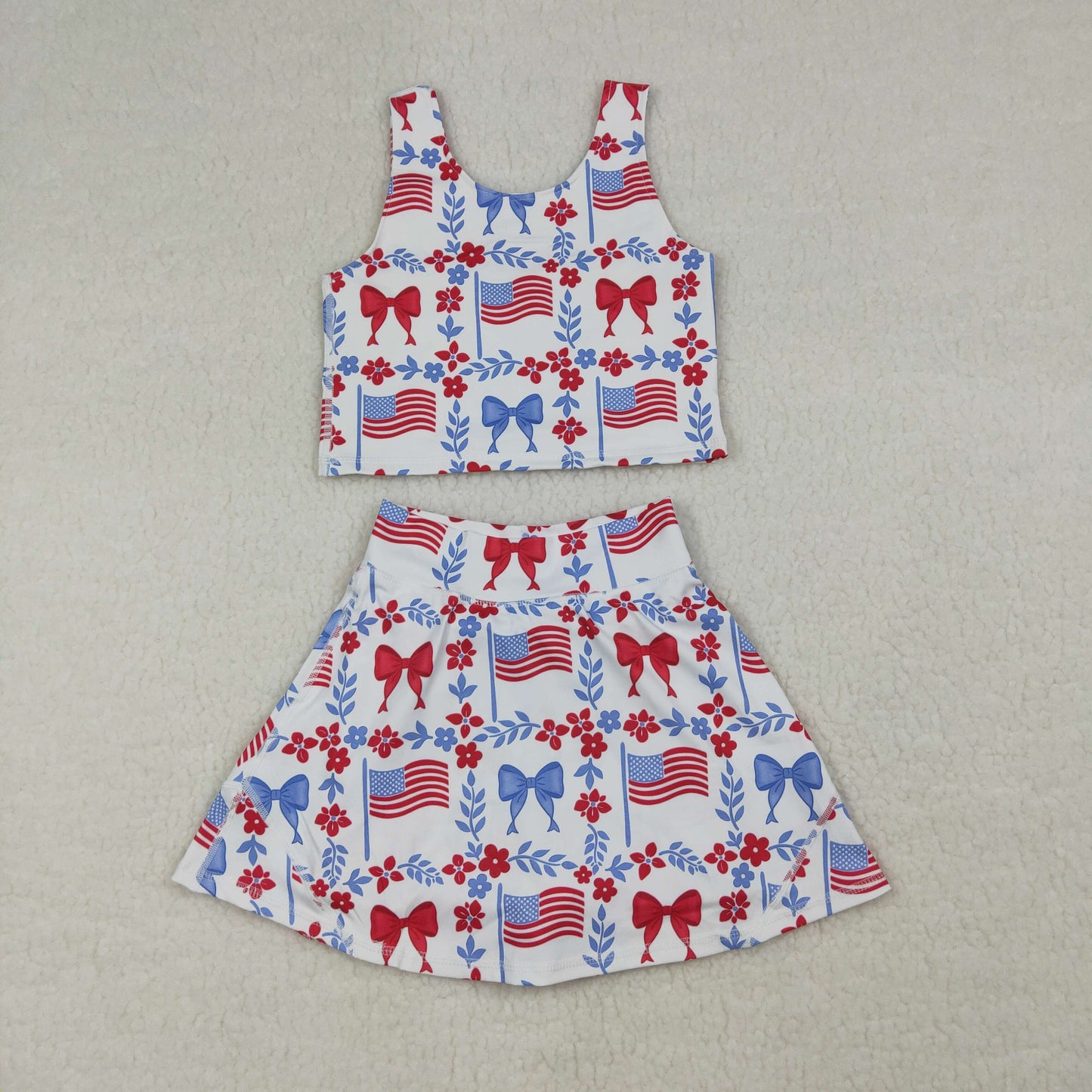 GSD3499 Kids Baby Girl Flower Flags Vests Skirt Short 4th of July Yoga Active Clothes Sets