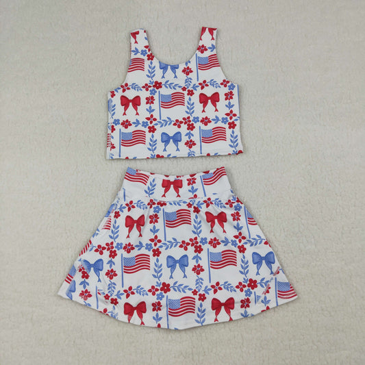 GSD3499 Kids Baby Girl Flower Flags Vests Skirt Short 4th of July Yoga Active Clothes Sets