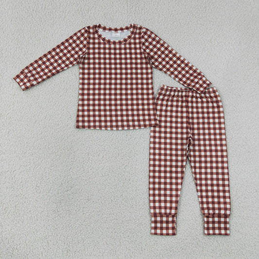 BLP1478 Kids Baby Boys Red Checked Top Pants Fall Pajamas Clothes Sets