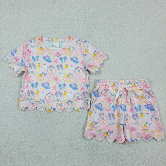 GSSO3657 Kids Baby Girls Beach Flowers Top Pockets Short Scallop Clothes Sets