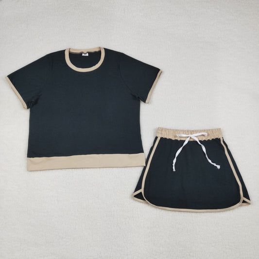GSD3954 Adult Women Black Short Sleeve Shirt Top Skirt Shorts Clothes Set