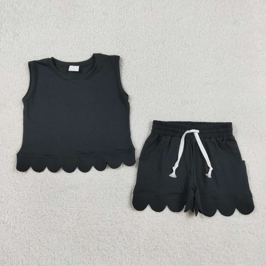 GSSO3733 Kids Baby Girls Black Sleeveless Vest Top Pockets Short Scallop Clothes Set