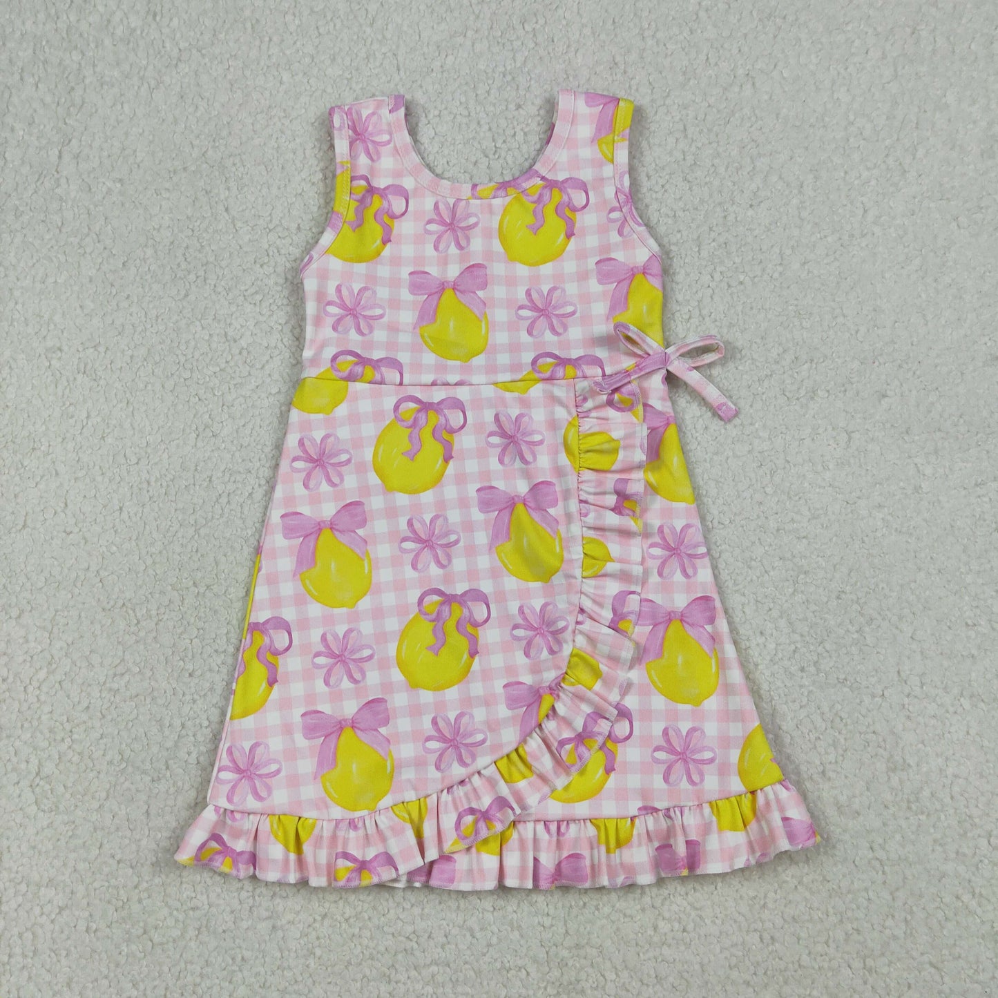 GSD3683 Kids Baby Girls Pink Checked Bows Lemons Yoga Active Shorts Ruffle Knee Length Dress