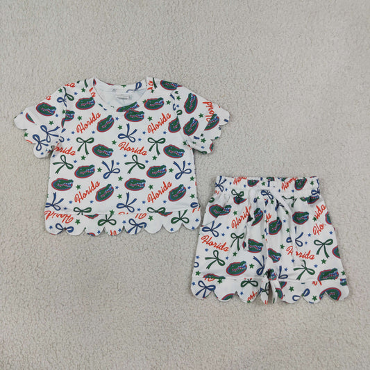 GSSO3249 Kids Clothing Baby Girls Star Bows Florida Gators Top Pockets Shorts Team Scallop Clothes Sets