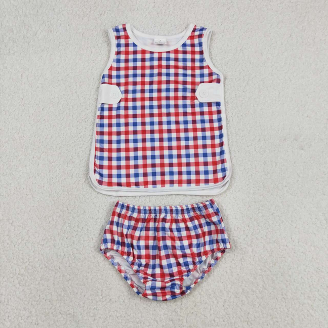 GBO0530 Kids Baby Boys Red Blue Checked Top Bummies 4th of July Clothes Sets