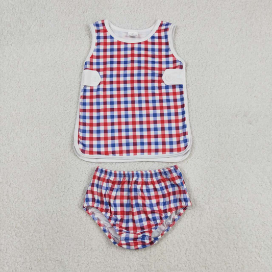 GBO0530 Kids Baby Boys Red Blue Checked Top Bummies 4th of July Clothes Sets