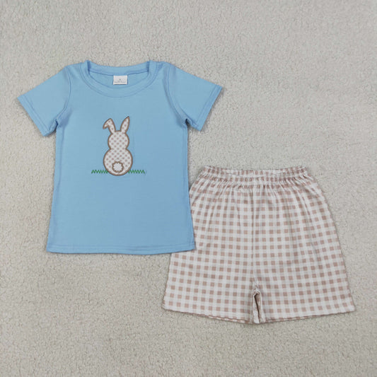 BSSO0305 Kids Embroidery Rabbit Baby Boy Shirt Checked Shorts Easter Clothes Sets