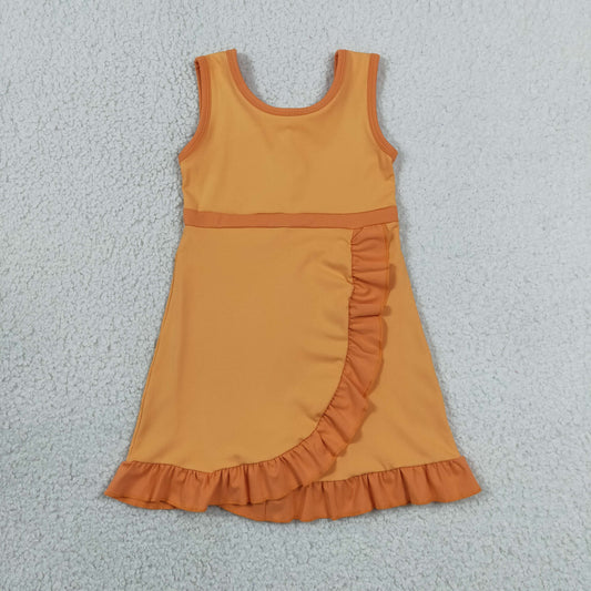 GSD4127 Kids Baby Girls Sleeveless Orange Yoga Active Short Ruffle Knee Length Dress