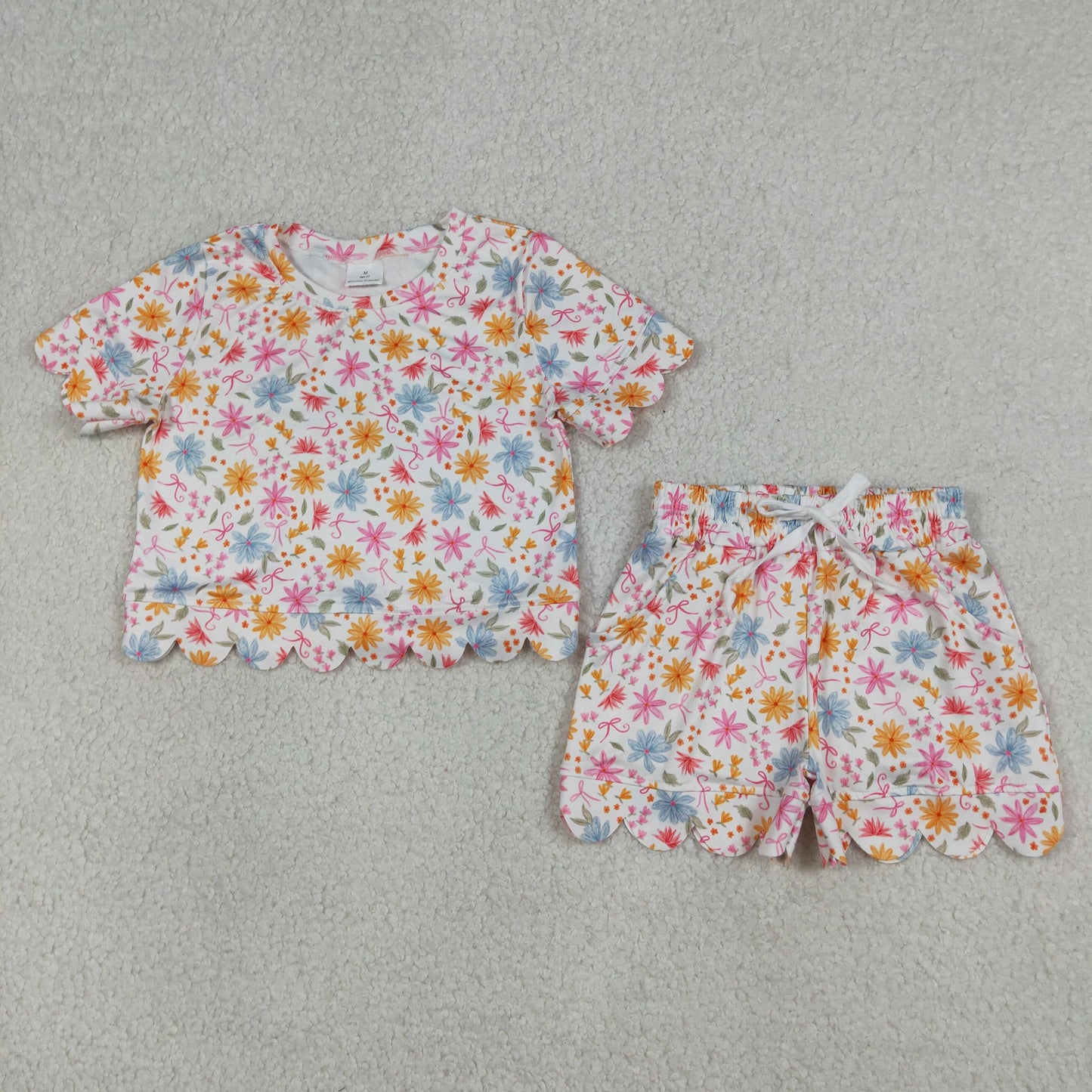 GSSO3269 Kids Baby Girls Short Sleeve Colorful Flowers Top Scallop Shorts Clothes Sets