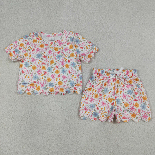 GSSO3269 Kids Baby Girls Short Sleeve Colorful Flowers Top Scallop Shorts Clothes Sets
