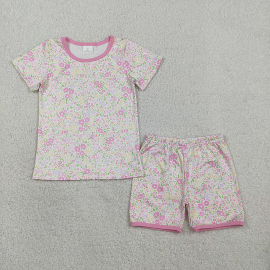 GSSO3129 Kids Baby Girl Short Sleeve Pink Flowers Top Shorts Pajamas Clothes Sets