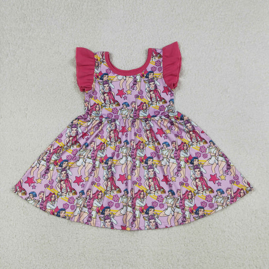 GSD3273 Kids Baby Girls Pink Flutter Sleeve Flowers Demon Hunter Knee Length Dresses