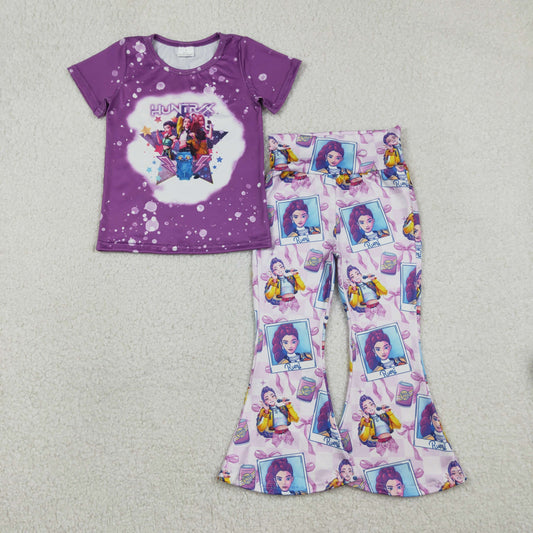 12/18m-14/16t RTS NO MOQ（In Stock) GSPO2227 Purple Short-Sleeved Kpop Photo Print Plaid Pajama Set with Bow Pattern