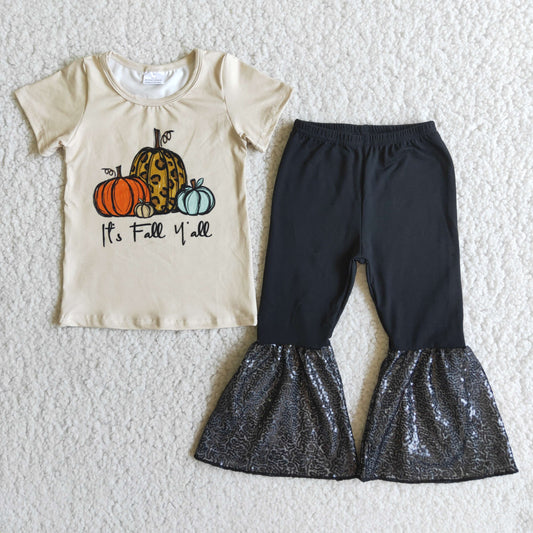 10.7 A0-11 Girls Tricolor Pumpkin Short Sleeve Sequin Pants Set