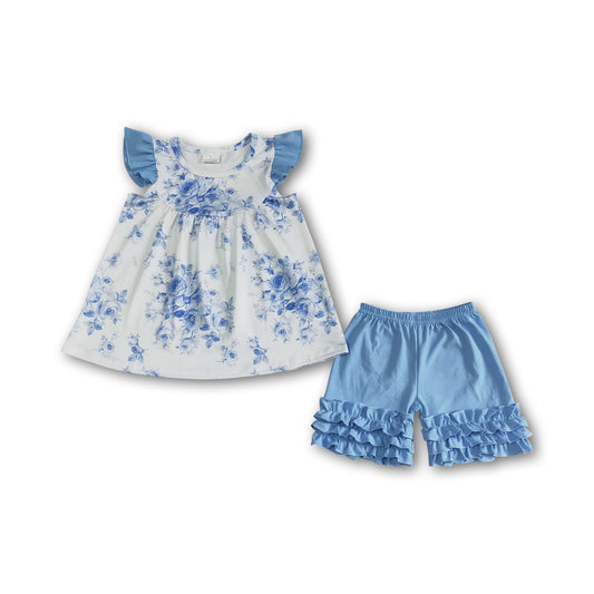 5.12  RTS NO MOQ A14-9 Small flying sleeve blue flower shorts suit
