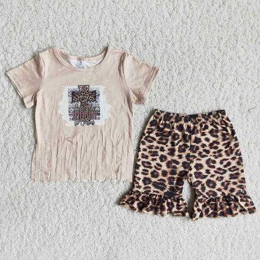 A16-11 Fringe cross leopard print shorts set