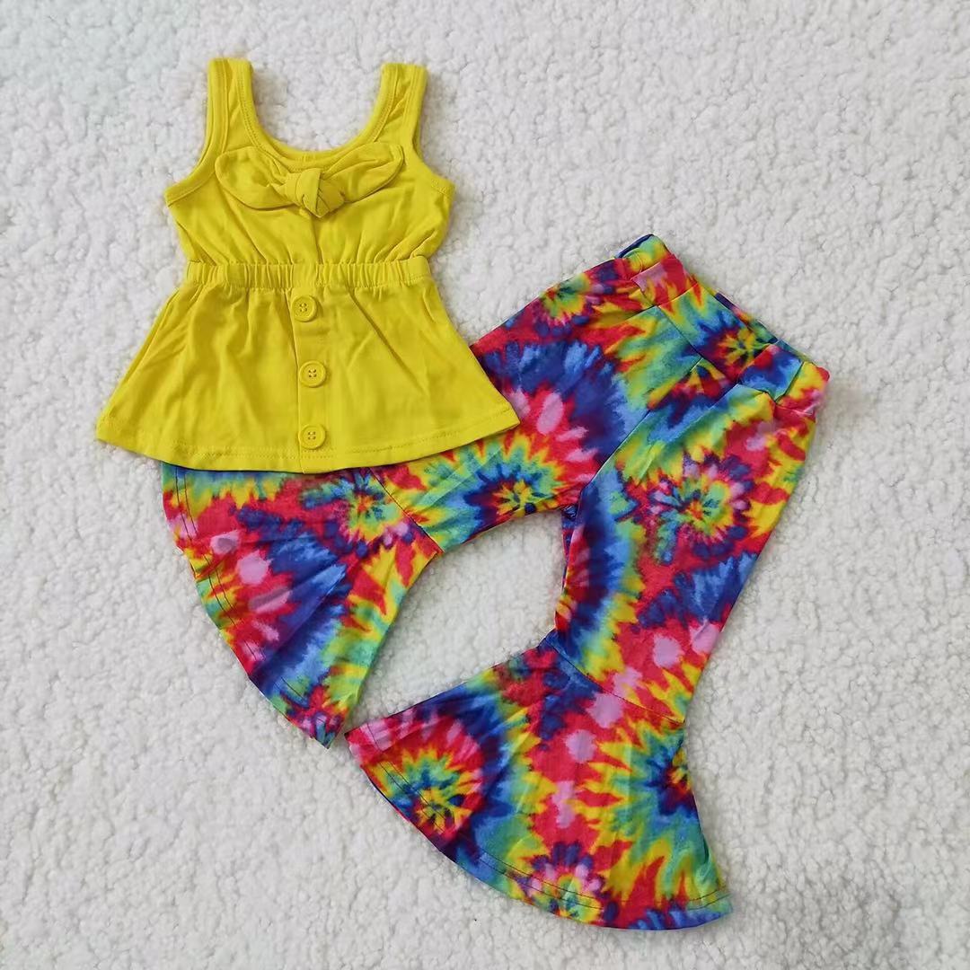 A17-24 Baby Girl Yellow Sleeveless Tops Bell Bottom Pants Set