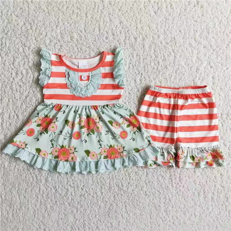 A17-3 Orange-red striped flower sleeveless top striped shorts