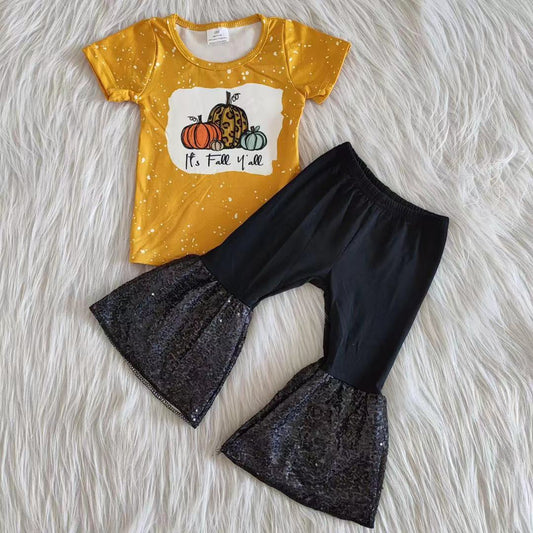 A2-12 Pumpkin Yellow Short Sleeve Top Black Sequin Pants