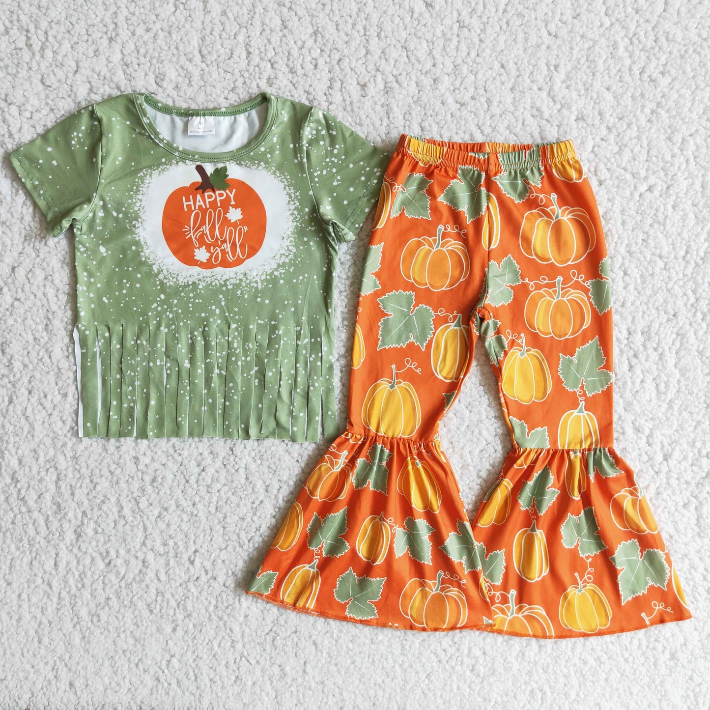 8.4 RTS NO MOQ（In Stock) B10-13 Girls Happy Fringe Top Maple Pumpkin Suit