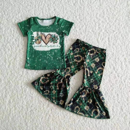 B17-11 Baby Girls St Patrick Quatrefoil Short Sleeve Tops Bell Bottom Pants