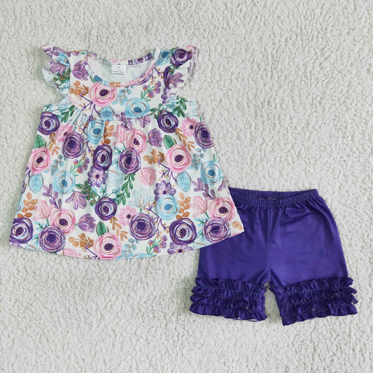5.12 RTS NO MOQ B17-27 Eye flower flying sleeve purple lace shorts
